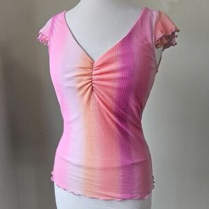 Vtg Y2K Wild Cat Pink Orange Ruched V Neck Cap Sleeve Lettuce Hem‎ Top Womens L